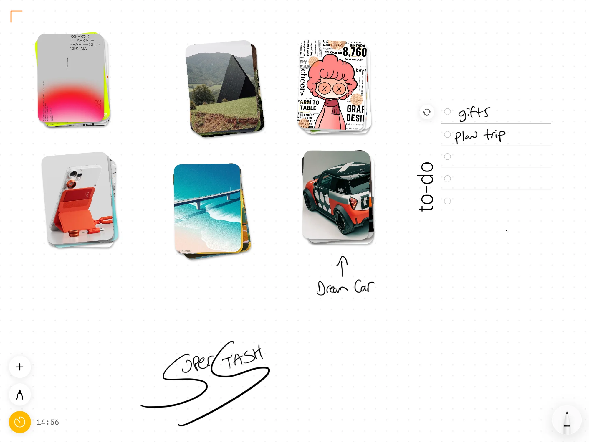 Superstash canvas with stacked inspiration images, to-do widget, and hand-drawn notes